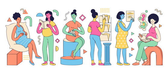 Fototapeta premium Pregnant women reading books and working in office flat illustration. Diverse expectant mothers in daily activities, lifestyle concept, modern minimalist art style for maternity healthcare design bann