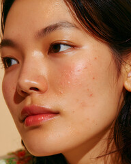 Fototapeta premium A close-up portrait of a woman with acne on her cheek and a neutral expression