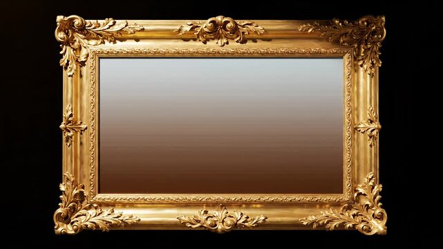 Ornate gold picture frame with a blank mirror on a dark background