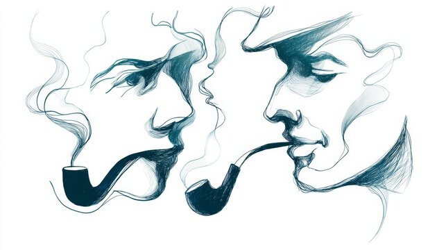 Two men smoke pipes in side profiles. Smoke curls around their faces, soft and wispy. Their expressions calm, thoughtful, perhaps contemplative. Ideal for vintage, literary, or intellectual themes