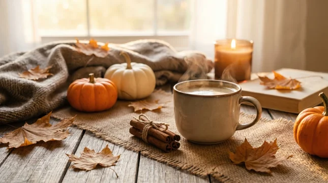 Relaxing autumn atmosphere featuring hot steaming coffee mug resting on wooden table near window
