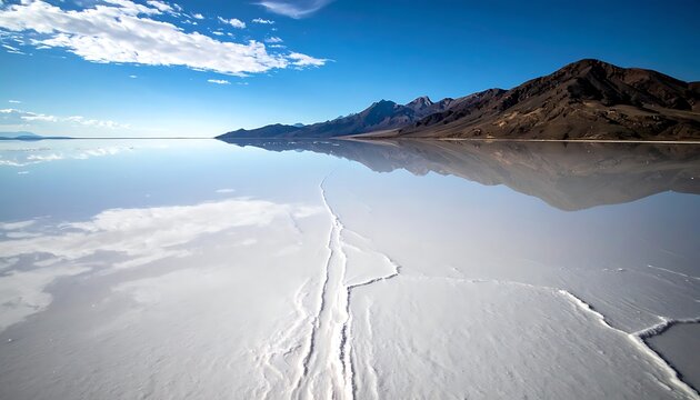 A serene landscape of a vast white salt flat with a mountain range