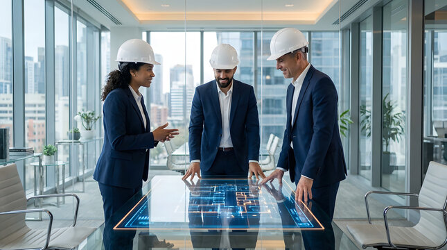 Three professionals in white hardhats and formal suits are discussing a blue office floor plan in a glass boardroom. Suitable for business presentations or architectural concepts.