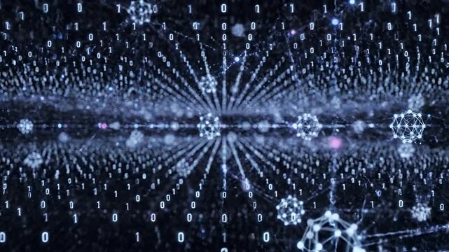Abstract Digital Network of Binary Code and Glowing Particles.