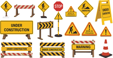 Construction site traffic road signs set with barriers, safety cones, warning symbols and stop sign vector © Sanjina