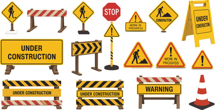 Construction site traffic road signs set with barriers, safety cones, warning symbols and stop sign vector