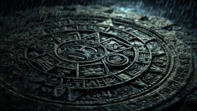 Maya Aztec civilization, Mexico culture. Mysterious, fantasy. A closeup of an ancient Mayan calendar, intricately carved with symbols and figures, set against a dark, textured background.