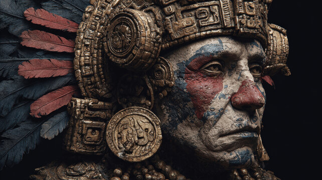 Maya Aztec civilization, Mexico culture. Mysterious, fantasy. A detailed, closeup portrait of an ancient Mayan deity. The deitys face is intricately carved with blue and red paint.