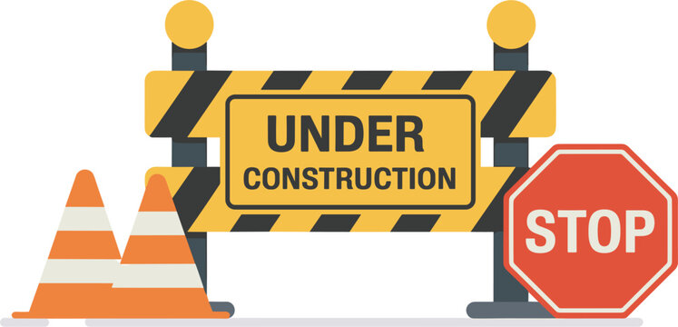 Under construction barrier site layout with red stop sign, striped warning board and orange safety cones
