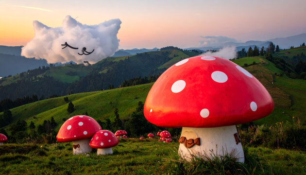 Whimsical giant polka dot mushrooms and cat-shaped clouds drift over rolling green hills at sunset