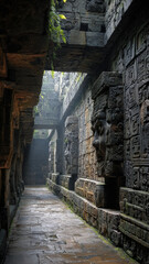 Naklejka premium Maya Aztec civilization, Mexico culture. Mysterious, fantasy. A photograph of an ancient stone structure, likely a temple or temple complex, depicts a long.