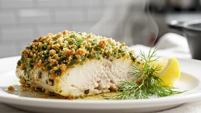 Steaming hot breaded chicken breast with herbs and lemon slice on white plate, close-up.
