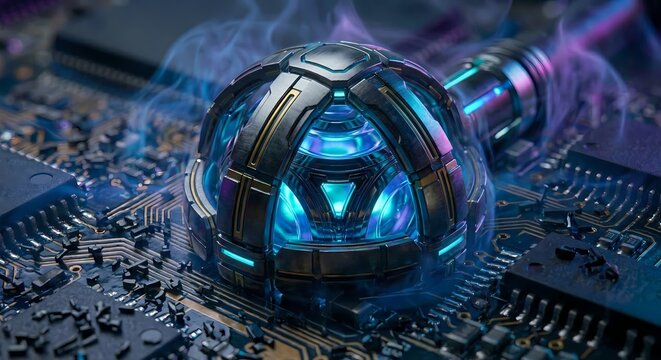 Futuristic cyber hemisphere core with blue glowing neon light, abstract high tech digital energy reactor, 3D render, AI generated