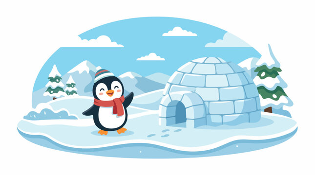 Whimsical cartoon penguin in a snowy arctic landscape beside a cozy igloo under a pastel blue sky