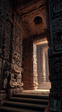 Maya Aztec civilization, Mexico culture. Mysterious, fantasy. A detailed, highresolution photograph of an ancient Mayan temple or temple complex.