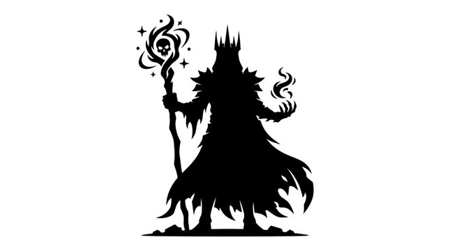 Sinister Silhouette of a Dark King with Magical Staff and Flames.