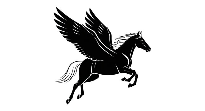 Majestic Black Pegasus Horse with Large Wings Flying.