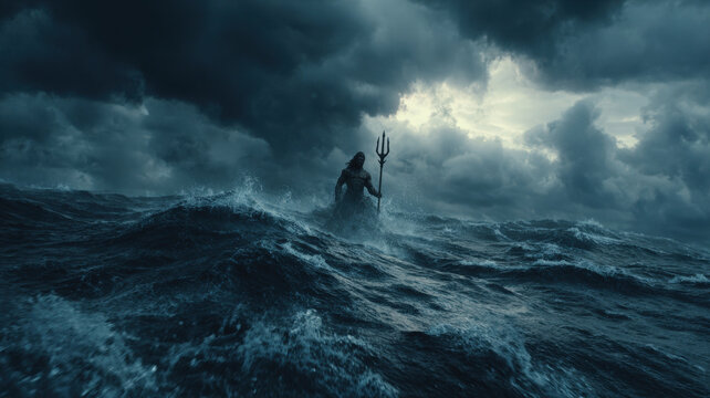 Greek mythology sea god Poseidon. Fantasy. A dramatic, atmospheric portrayal of a figure, likely a warrior or deity, standing atop a turbulent sea. The figure, clad in dark armor.