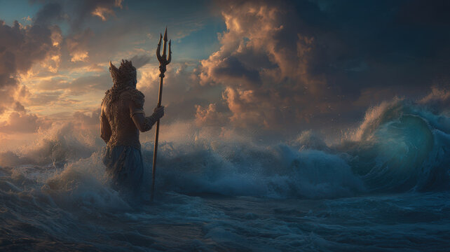 Greek mythology sea god Poseidon. Fantasy. A vivid portrayal of a mythical figure, likely a deity or deity, standing in a turbulent sea. The figure, clad in ornate armor.