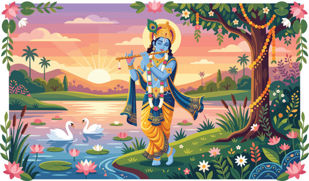 Beautiful illustration of Lord Krishna playing a flute in a serene landscape with a vibrant sunset and peaceful