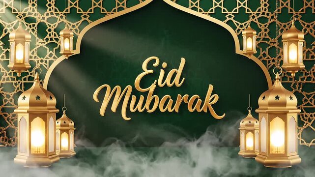 Elegant Islamic Eid Mubarak greeting animation with glowing golden lanterns, Arabic style arch patterns, sparkling lights, cinematic smoke effect and luxury festive background.