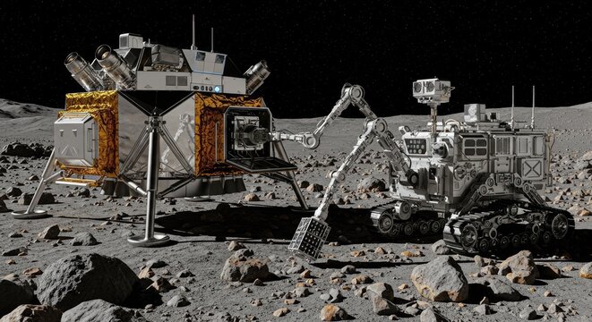 Lunar rover and lander on moon surface scientific exploration concept
