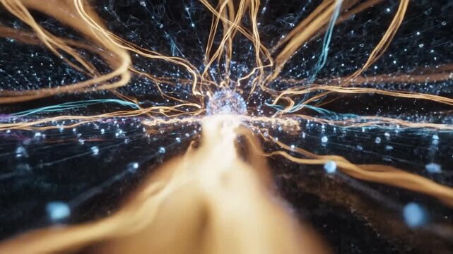 Abstract digital data network with glowing orb and light streams