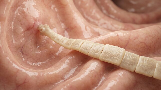 tapeworm infection with soft biological textures inside human intestine