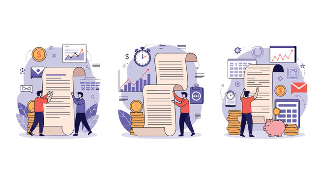 Series of illustrations showing people managing long financial records, savings, and investments with giant scrolls and coins.