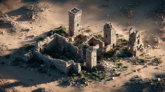 Lost civilization. Fantasy. A topdown view of an ancient ruin in a desert landscape. The ruins consist of multiple stone structures, some with pointed roofs and others with arched windows.