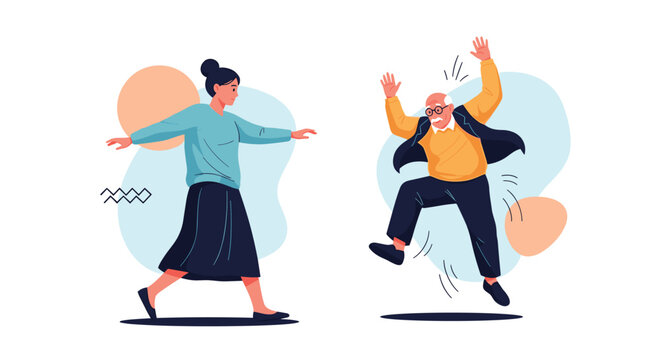 Active lifestyle illustration with a young woman walking and an energetic elderly man jumping for joy in a modern design.