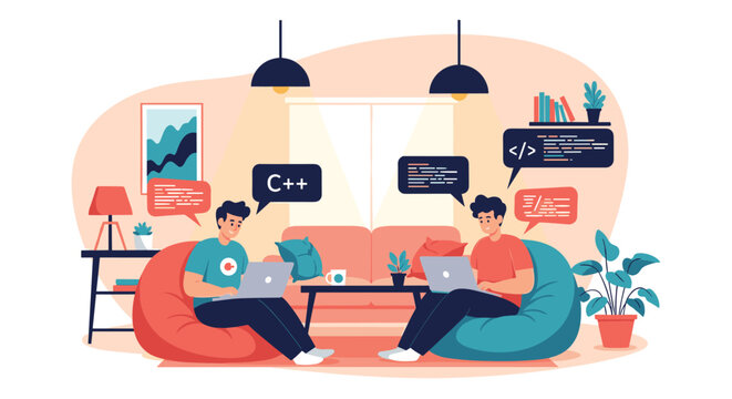 Two software developers sitting in beanbag chairs and coding on their laptops with speech bubbles showing programming language.