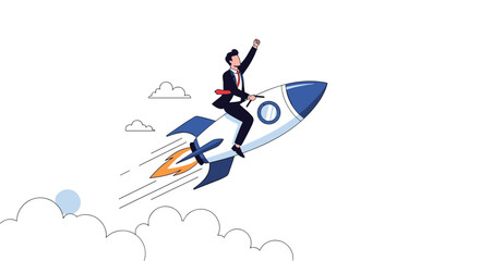 Fototapeta premium Successful businessman in a suit riding a rocket flying through the clouds symbolizing rapid growth and career success.