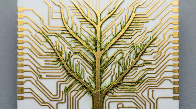 Biological integration of living moss fibers into golden circuit board traces depicting an artificial tree on a white electronic substrate for sustainable tech.