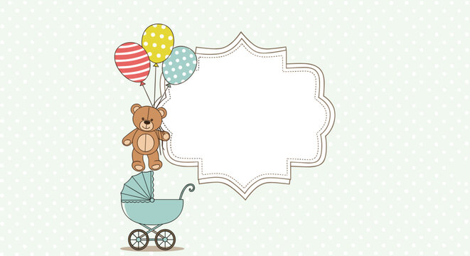 Decorative baby arrival announcement frame features a cute teddy bear with balloons and a classic blue pram on a soft polka dot background.