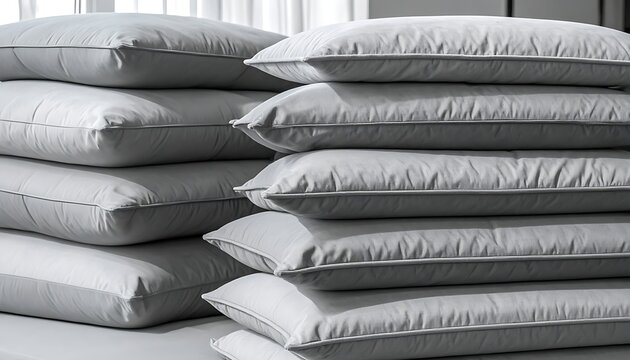 A stack of neatly arranged white pillows on a gray surface