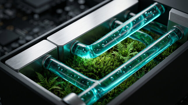 Living moss and organic bryophyte vegetation flourishing underneath glowing turquoise liquid conduits integrated into a futuristic electronic substrate.