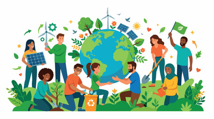 Fototapeta premium Diverse group collaborates around a globe with wind turbines and solar panels to promote global environmental awareness