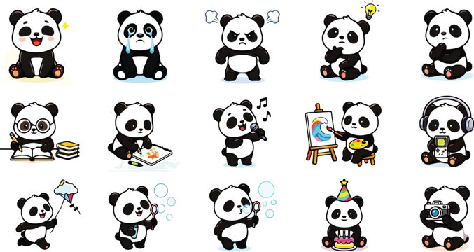 Adorable chibi panda sticker pack, collection of funny black and white bear emojis showing different moods, hobbies, and activities, sweet wildlife animal character sheet isolated on white background 