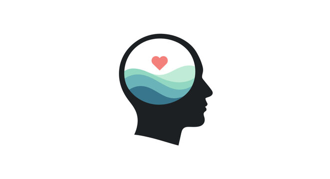 A silhouette of a human head containing a heart symbol and flowing water waves