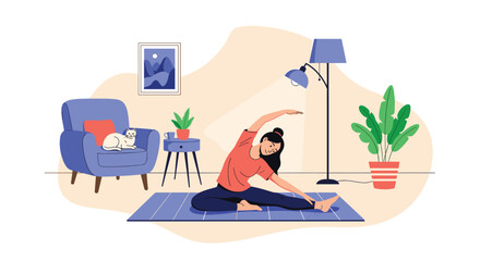 Obraz premium Young woman doing stretching exercises on a yoga mat in her living room with a cat on an armchair represents a healthy lifestyle.
