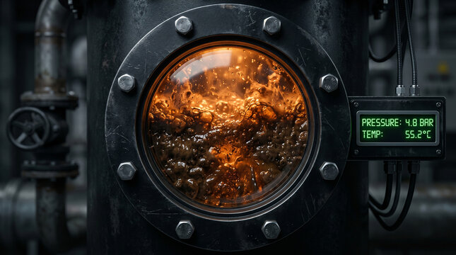 Simmering viscous industrial sludge boiling inside reinforced steel waste tank with digital pressure readings for hazardous material decomposition.
