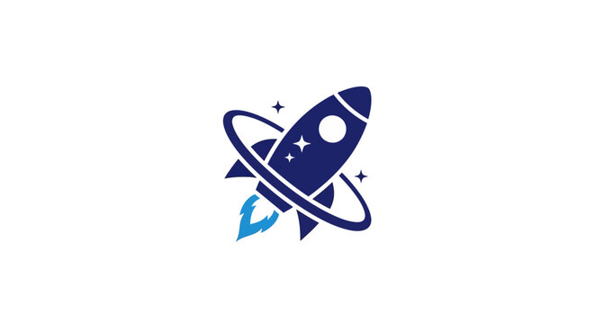 A stylized blue rocket icon flying through space with a circular orbit ring