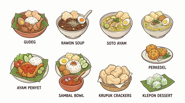 A vibrant illustration showcasing a variety of traditional Indonesian dishes, including Gudeg, Rawon Soup, Soto Ayam, Ayam Penyet, Sambal, Perkedel, Krupuk, and Klepon.