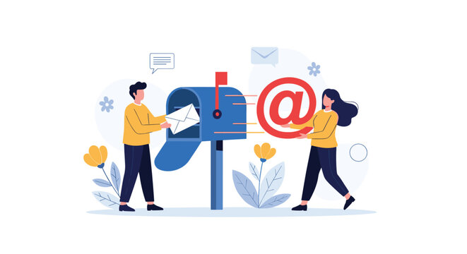 Man and woman facilitate digital communication by placing a physical letter and an electronic symbol into a mailbox.