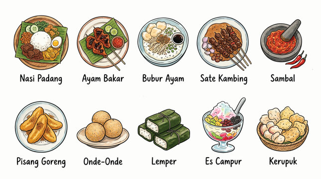 Collection of popular Indonesian dishes and snacks, including Nasi Padang, Ayam Bakar, Sate Kambing, and Es Campur.