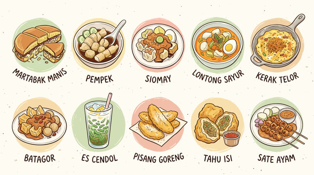 A colorful illustration showcasing a variety of popular Indonesian street food dishes, presented in a clean, flat design style.