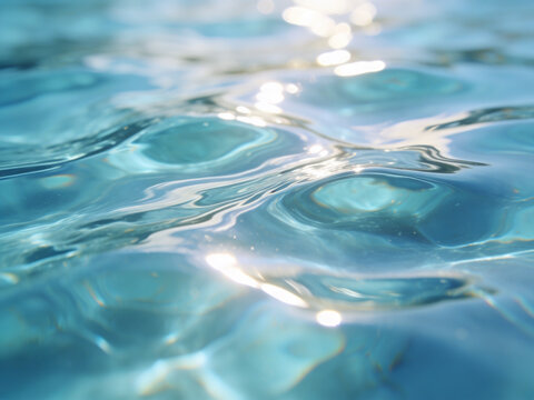 Abstract background of clear blue swimming pool water ripples with bright sunlight reflections