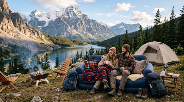 Happy Couple Sitting on Inflatable Sofa at Scenic Mountain Camp Site with Lake View