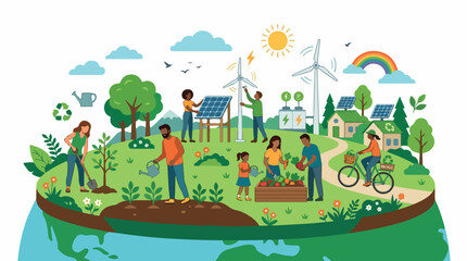 Obraz premium Vibrant scene of a sustainable community garden with wind turbines solar panels and people